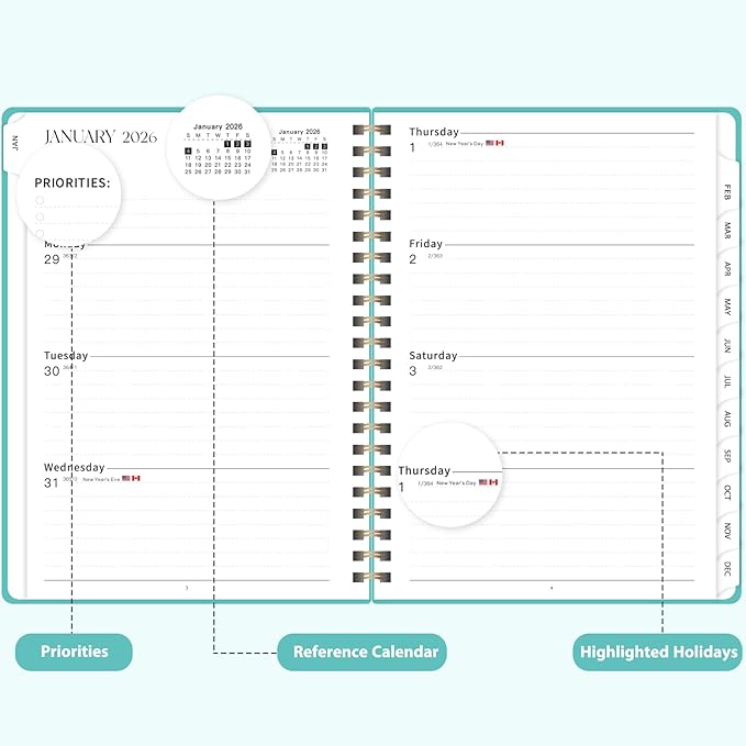 2026 Planner, Weekly and Monthly Calendar Planner, Academic Daily Agenda (Jan 2026 - Dec 2026), Hardcover Planning Notebook for Office Accessories and School Supplies, 8.5" x 11", Light Turquoise