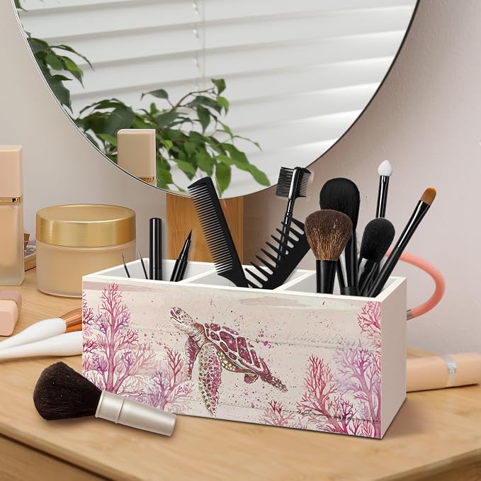 Sea Turtle Coastal Pen Holder for Home Office Desk, Beach Office Decor, Beach Turtle Makeup Brush Toothbrush Holder Organizer for Bathroom Desk Accessories(Pink)