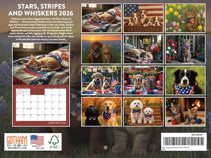 Americana Patriotic Pets Calendar 2026 Monthly Wall Calender 12 Month | American Made In The USA