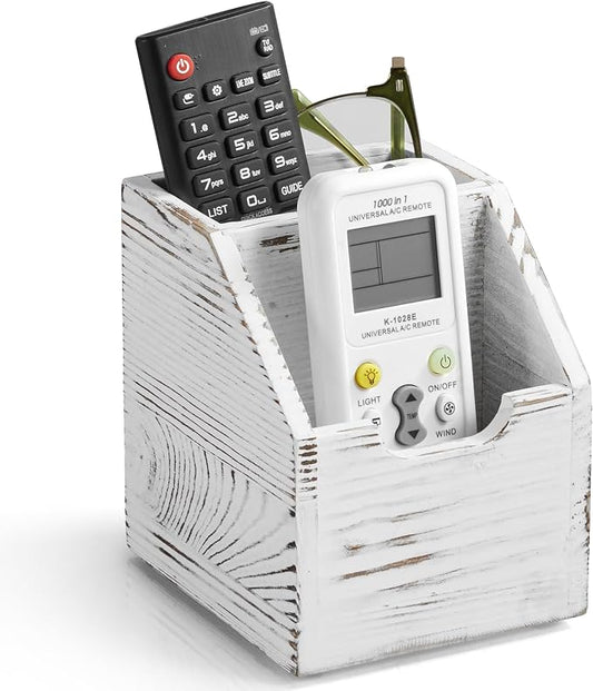 Remote Control Holder, TV Remote Holder, Wood Farmhouse Remote Caddy for Table, Remote Organizer Caddy with 3 Slots, Remote Storage Box for Home Office (Rustic White, 2 Slots)