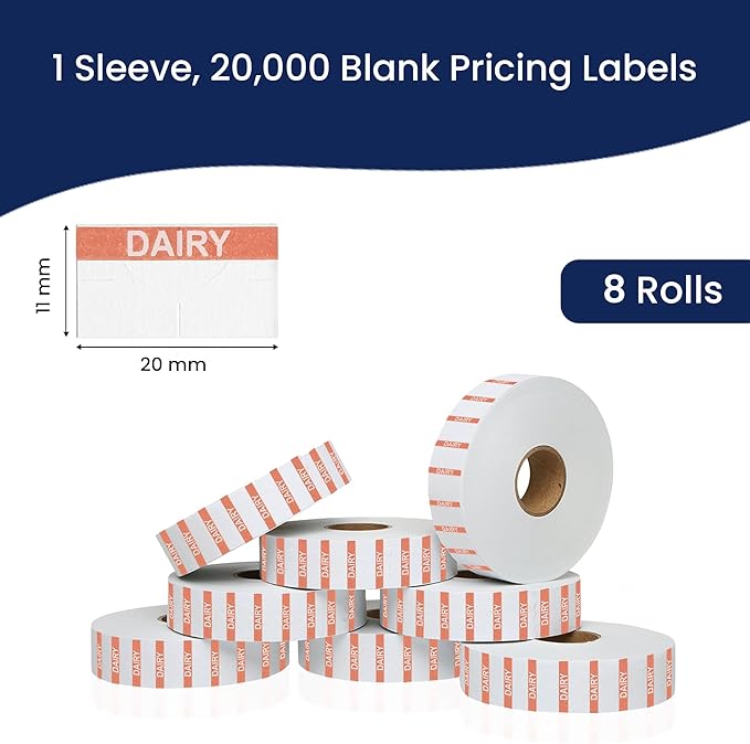 Monarch 1131 Orange Reverse Print on White Dairy Labels — 8 Rolls, 1 Sleeve, 20,000 Labels for Monarch 1131 Price & Date Guns—with Tamper-Proof Design for Marking Milk, Cheese, Yogurt, Butter—USA Made