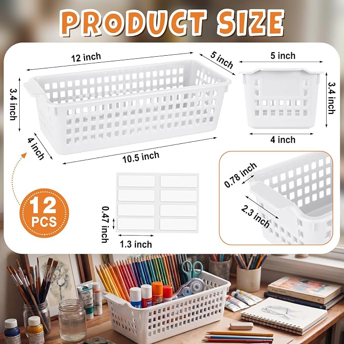 Domensi White 12 Pcs Slim Plastic Storage Baskets for Organizing 11.6" x 5" x 3.4" Small Narrow Storage Bins with Handles & Label Area Thin Pencil Trays for Bathroom Drawer Office Desk Closet