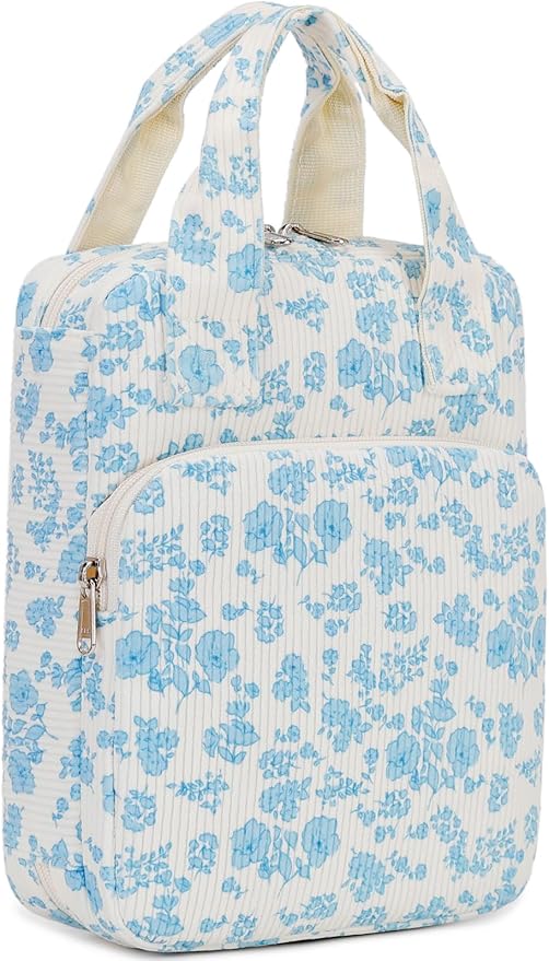 DSIUE Bible Cover Case for Women Gilrs Corduroy Bible Carrying Case Book Holder/Carrier/Bag with Handle and Pockets, Blue Floral