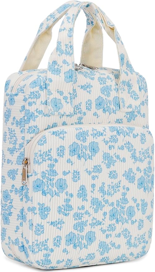 DSIUE Bible Cover Case for Women Gilrs Corduroy Bible Carrying Case Book Holder/Carrier/Bag with Handle and Pockets, Blue Floral