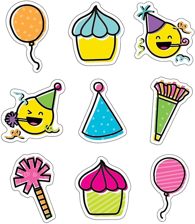 Carson Dellosa Kind Vibes 150-Piece Happy Birthday Cutouts, Colorful Cardstock Balloon, Emoji, and Cupcake Decorations for Party, Bulletin Board, and Classroom Decor