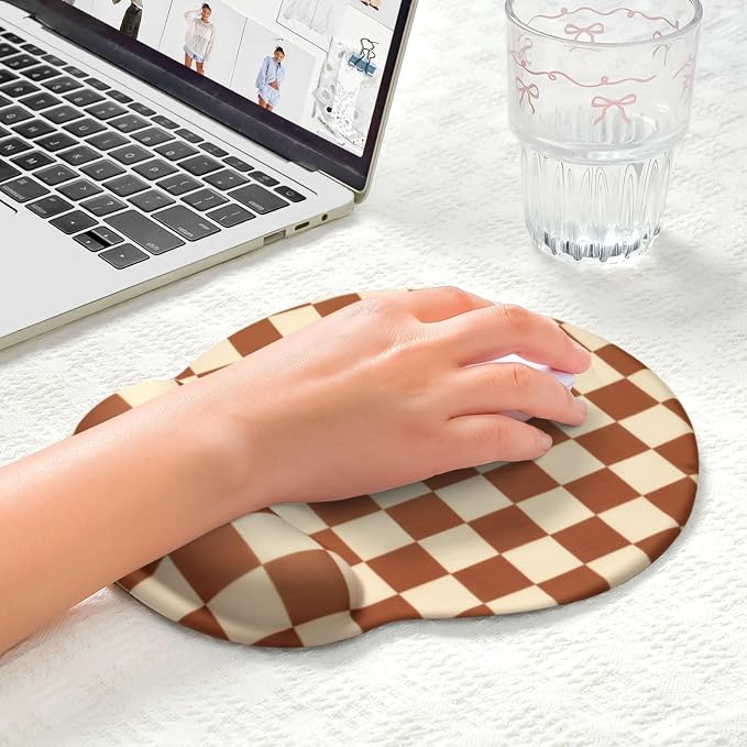 Retro Checkered Mouse Pad with Support Wrist Rest,Cute Funny Boho Ergonomic Mouse Pad with Non-Slip Base for Office Gaming Working Computers,Desk Accessories Pain Relief,Brown