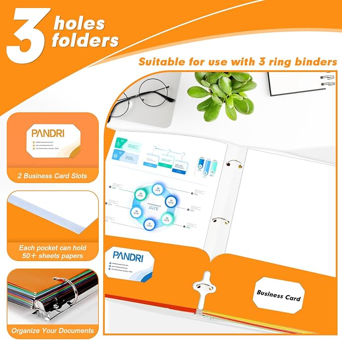 Two Pocket Portfolio Folders, PANDRI 60 Pack 3 Hole Punched 2 Pocket Folders for 3 Ring Binder, Letter Size Paper File Folder for School Office Home Business, Orange