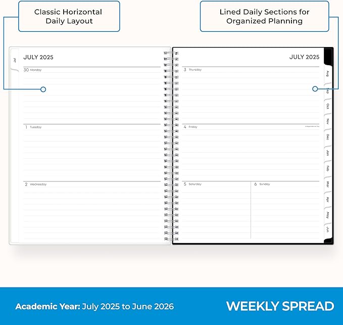 Blue Sky 2025-2026 Weekly and Monthly Academic Year Planner Calendar, July 2025 - June 2026, 8.5" x 11", Flexible Cover, Wirebound, Storage Pocket, Analeis