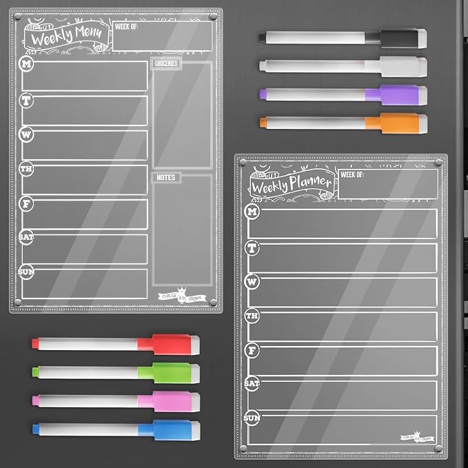 CHALKY CROWN Acrylic Magnetic Weekly Planner for Fridge Plus Menu Board for Kitchen with 8 Magnetic Markers - Dry Erase Board for Fridge - Weekly Meal Planner (2 Boards, 14.5x10.2 Each)