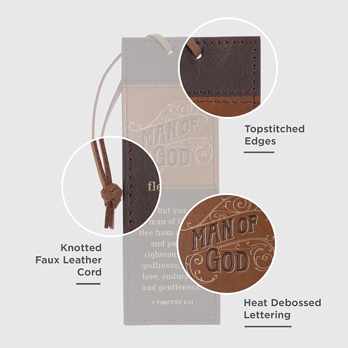Christian Art Gifts Premium Inspirational Scripture Vegan Leather Bookmark for Men: Man of God Encouraging Bible Verse, Knotted Cord, Gold Text, Sturdy Slim Book Reading Accessory, Light & Dark Brown