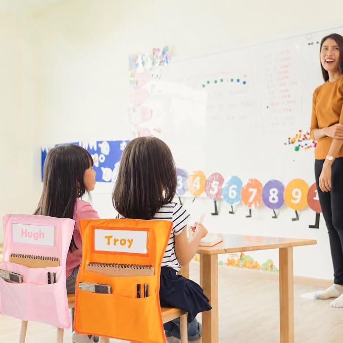 24pcs for Classroom 16.3x19.7inch Classroom Chair Pockets with Name Tag 3 Pockets Chair Organizer for Teacher Student School Office(Groovy)
