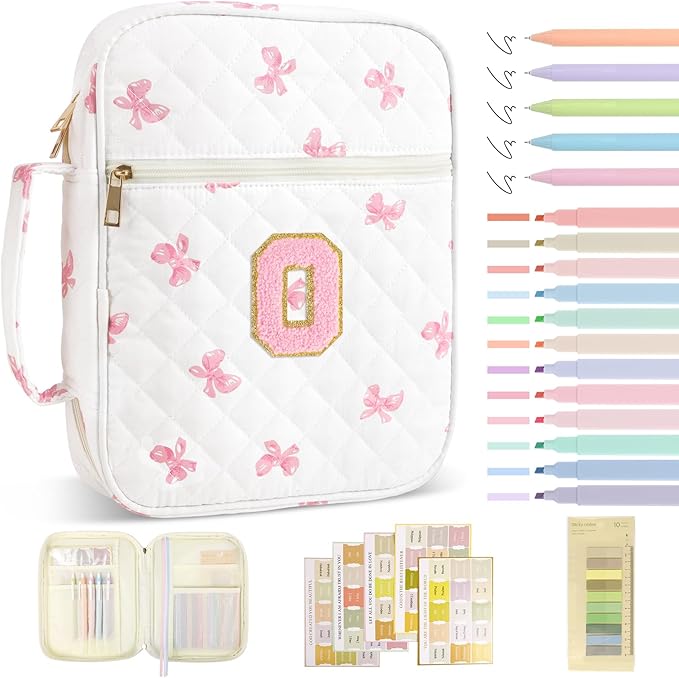 Personalized Initial Bible Cover Case for Women Girls Kid - Large Quilted Bible Case with Handle,Chenille Letter Bag Study Supplies,Christmas Gifts for Christians Birthday Graduation(Pink Bow-O)