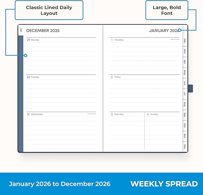 Blue Sky 2026 Weekly and Monthly Planner Calendar, January 2026 - December 2026, 5" x 8", Faux Leather Hard Cover, Bookbound, Tabs, Pen Loop, French Navy