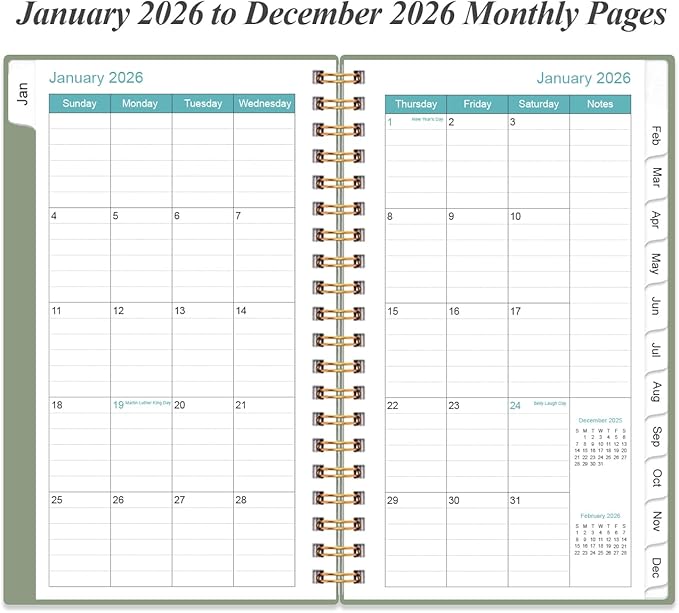 2026 Pocket Planner/Calendar - 2026 Weekly & Monthly Planner from January 2026 to December 2026, 12 Months Tabs, 3.75" x 6.75", Green