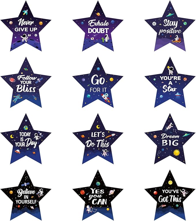 Pajean 48 Pcs Star Positive Bulletin Board Decoration Cutout Affirmation Station Classroom Bulletin Board 6 Inch Inspirational Classroom Decor Double Sided for Teacher Student Back to School(Space)