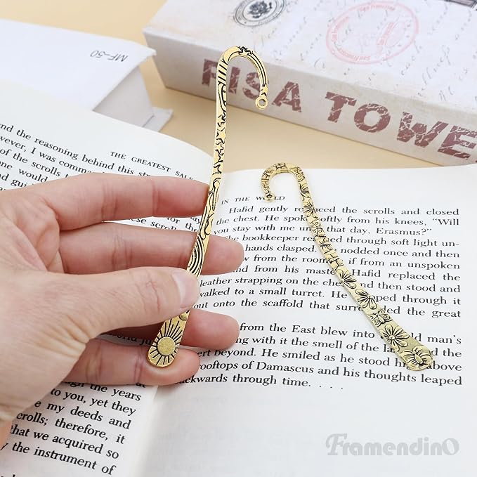 Framendino, 12 Pack Metal Bookmark Antique Tibetan Carved Hook Bookmarks with Loop for Crafting (Gold)