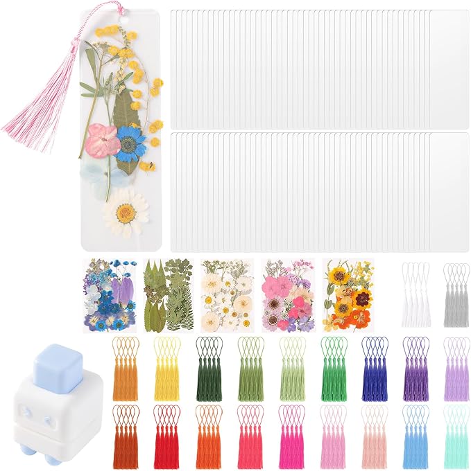 WSICSE 326Pcs Pressed Flower Bookmark Making Kit, Includes 125 Dried Flowers, 100Pcs 12 Mils Bookmarks Laminating Pouches, 100 Tassle and 1 Puncher, DIY Bookmark Kit for Book Lovers(1.96 x 5.9'')