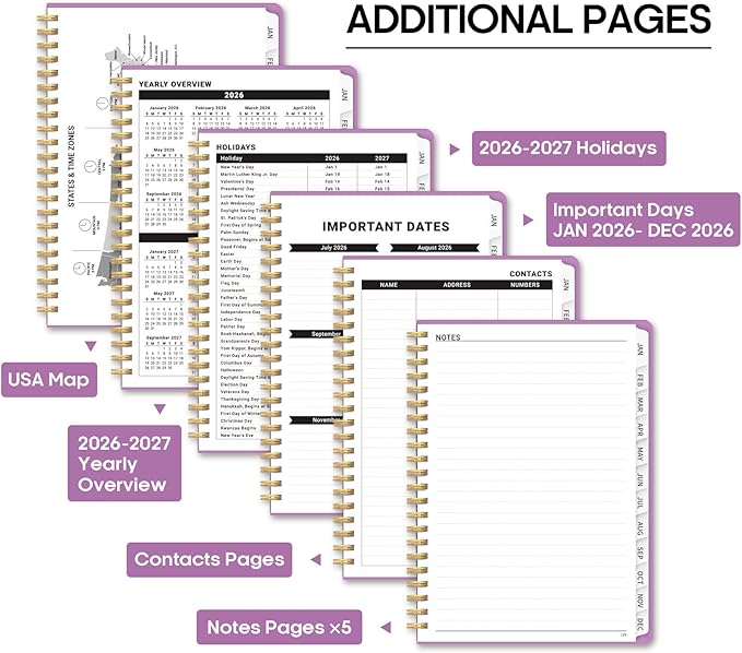 2026 Planner, Weekly and Monthly Calendar Planner Book, January 2026 - December 2026, Hardcover Spiral Planner with Monthly Tabs, Notes Pages, Perfect for Women & Men, A5 (6.4" x 8.5") - Purple
