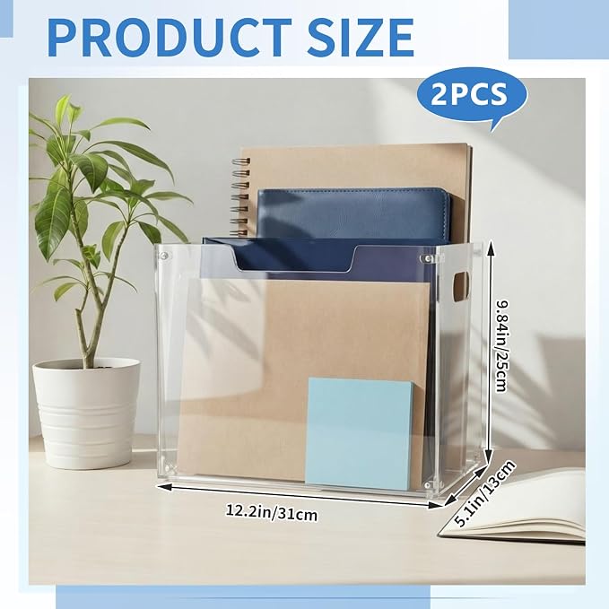 Novabright 2 Pack Acrylic File Organizer Box with Handles, Clear Hanging File Organizer for Letter Size/a4 Filing Crate Bin Holder for Desk, Office, Home, School (Letter,12.2" L x 5.51" W x 9.84" H)