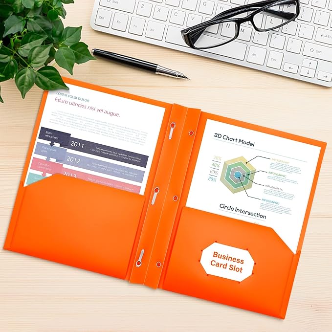 Heavy Duty Plastic Folder, 60 Pack, Pocket Folder with brads, Letter Size Poly File, Plastic Folders with 3 Prongs Fasteners - Orange