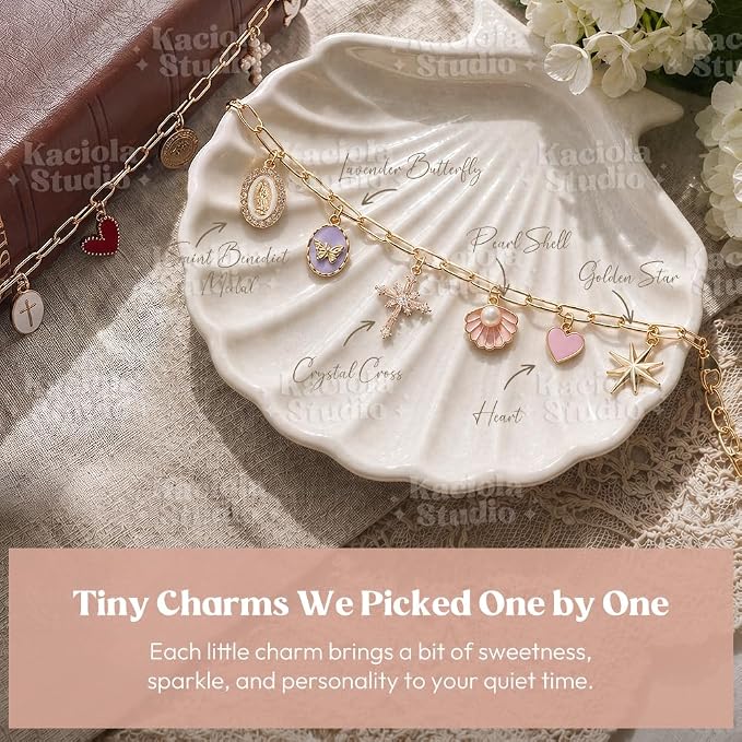 Kaciola Bible Charms Chain with 4PCS Planner Charms for Bible Study, Book Spine Bookmark, Journal Accessory, Unique Faith Jewelry Gift for Women (SJ-02)