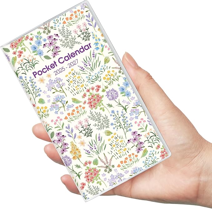 Phyxin Pocket Calendar, Pocket Planner - Runs From Jul 2025 Until Dec 2027, Small Calendar - 6.7" x 3.7", Calendar Planner for Women, Teacher, Students, Purple Flowers