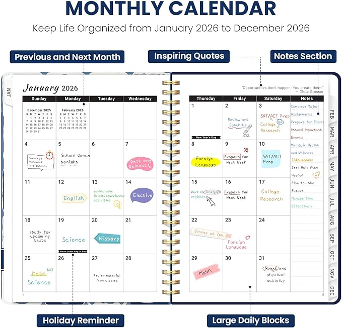2026 Planner, Weekly and Monthly Planner for Women, Jan 2026 - Dec 2026 Pretty 2026 Calendar Planner with Monthly Tabs, Inner Pocket, Spiral Binding, Perfect for Office Home School - 6.3" x 8.5", Blue Art