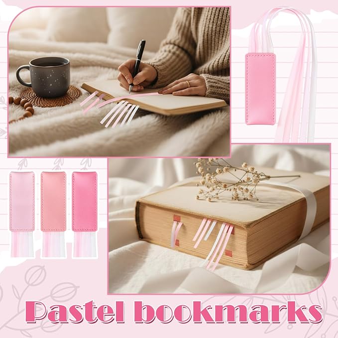 Outus 3 Pieces Bible Ribbon Bookmark Markers Artificial Leather Bookmark with Ribbons for Books Office(Stylish,Pink)