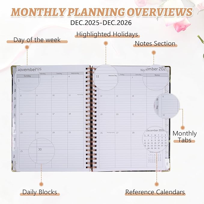 2026 Appointment Book,Weekly and Monthly Calendar Planner for Women, Jan 2026 - Dec 2026, Hardcover Planning Agenda book with Tabs, Spiral Bound, Inner Pocket, Perfect for School Office Supplies, 8.4" x 6.3" (Black and Rosa)
