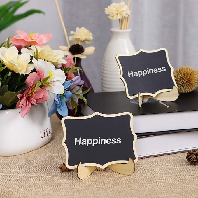uxcell 6pcs Mini Chalkboards Signs with Base Stand Wood Wavy Design Chalkboard Tag for Message Board Signs Table Number Reminder