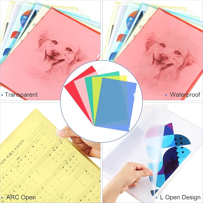 100 Pack Plastic Document Folders Colored Clear File Folders Plastic Pockets Sleeves Letter Size 8.7 x 12.2 Inches A4 Assorted Colors for Office Supplies (Multicolor)