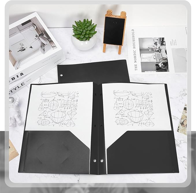 Yeaqee 72 Pcs Plastic Folders with Pockets Bulk 3 Hole Punched 2 Pocket File Folders for 3 Ring Binder Divider Folder for Notebooks, Durable Poly for Office Home (Black)