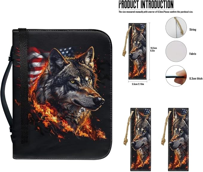 Lotusorchid Wolf Print Bible Carrying Case with 2 Book Marks, American Flag Leather Bible Cover for Women, Large Bible Case for Girls, Black, Size XL