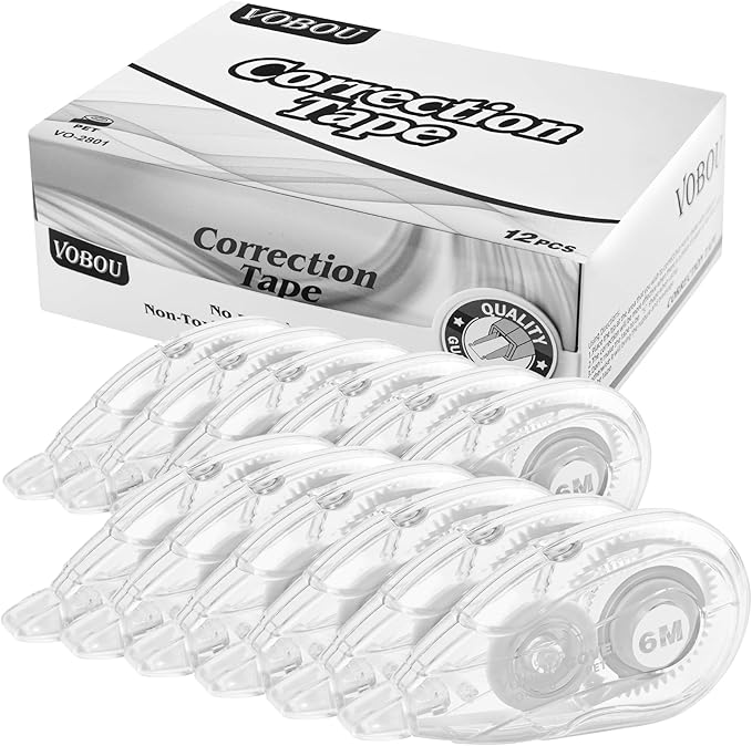 Vobou White Correction Tape Dispenser, Easy To Use Applicator for Instant Corrections, For school, Office (12pack, 6M/256, Tape Width 0.2in)