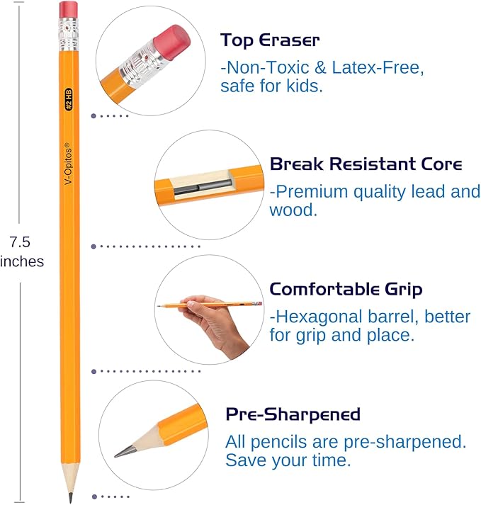 V-Opitos Wood-Cased #2 HB Pencils, 50 Pack Bulk Pre-Sharpened Yellow Pencils with Top Erasers, School Classroom Teacher Supplies, Writing, Drawing and Sketching