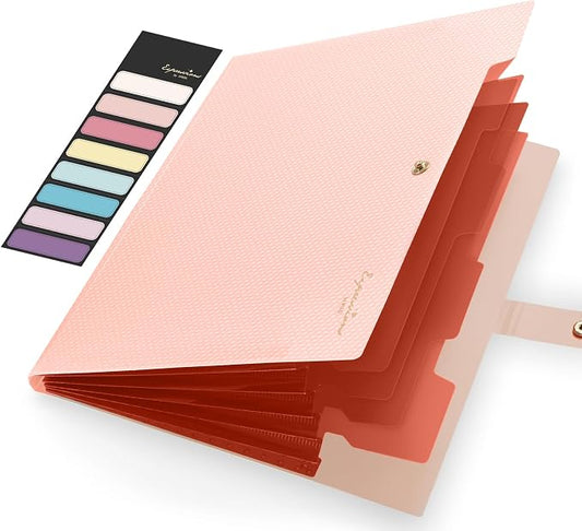 Sooez Expanding File Folder, Letter Size Accordion File Organizer, 5 Pocket Folders for Documents, Cute Folder with Labels, Portable Paper Organizer for School Office Supplies, A4 Size, Peach