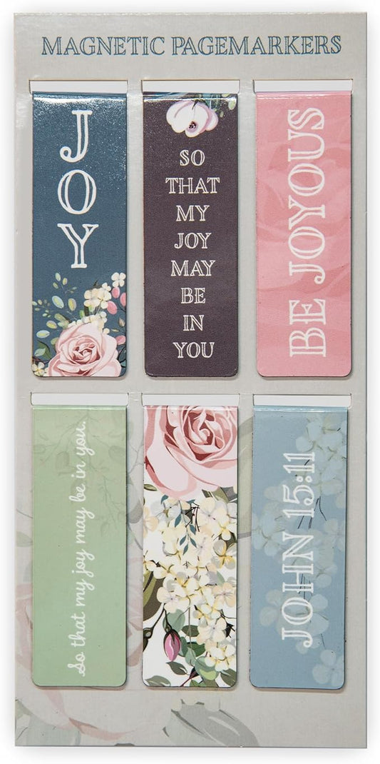 Christian Art Gifts Magnetic Scripture Bookmark Set for Women: that Joy May Be in You - John 15:11 Inspirational Floral Magnetic Bible Verse Pagemarker Set of 6 for Bibles and Books, Size 2.3” x 0.8”
