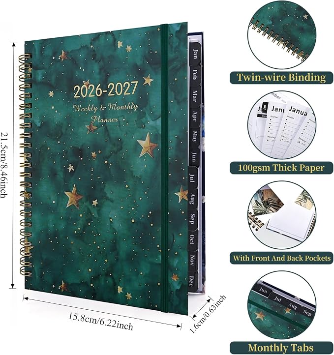 2026-2027 Planner, 12 Months Monthly & Weekly Daily Planner July 2026 - June 2027, 8.5" x 6.2" Hardcover Agenda Organizer with Tabs, Spiral Bound Calendar Notebook for School Work Home, Floral Design (Green & Stars)
