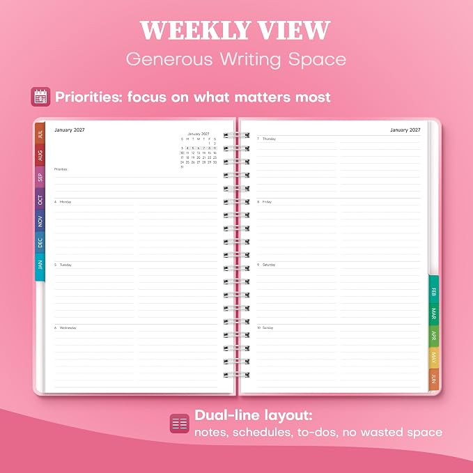 Planner 2026-2027 Monthly and Weekly Academic Planner July 2026 - June 2027, Hardcover Calendar 2026-2027 Agenda Daily Planner for Student Teacher School Office Supplies, 7.4" x 10.2", Pink Ombre