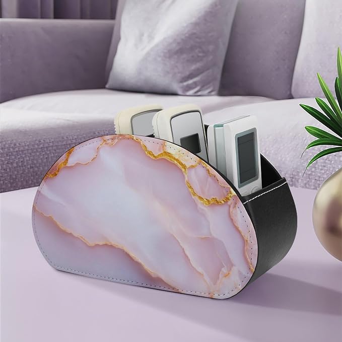 Marble Surface with Pale Pink Veins Flowing Remote Control Holder with 5 Compartments Leather TV Remote Caddy Remote Storage Box Desktop Organizer for Pen/TV Remotes/Media Controllers/Office Supplies