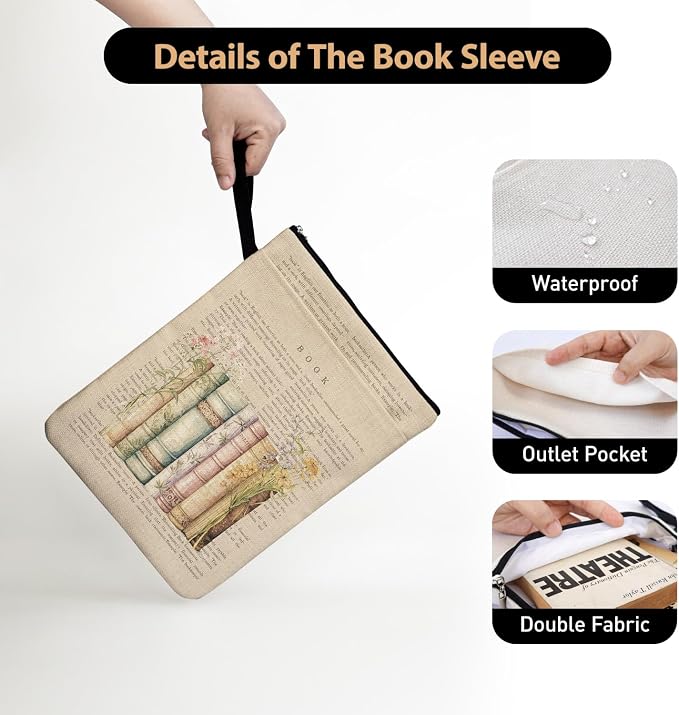 Vintage Book & Wildflower Book Sleeve Pouch, Book Lovers Gifts for Reader Bookworm Bookish, Reading Accessories for Student Teachers, Book Covers Protector for Paperbacks with Handle