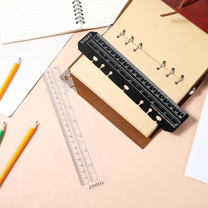 4 Pack A5 6 Holes Page Marker Ruler, Notebook Ruler Pouch Pagefinder Measuring Rulers Plastic Binder Rulers DividerRuler, A5 Measuring Tools Set for Notebooks, 8.7x1.8 Inch, Black Transparent