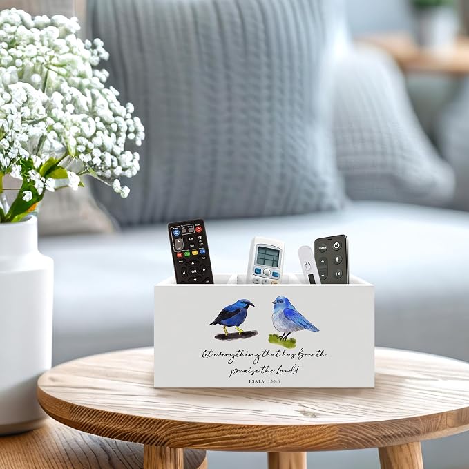 Blue Bird Christian Bible Verse Pen Holder, Christian Gifts Office Pen Pencil Holder Organizer for Desk Accessories, Bird Gifts Wooden Box Desk Decor for Home Office Desk Decorations