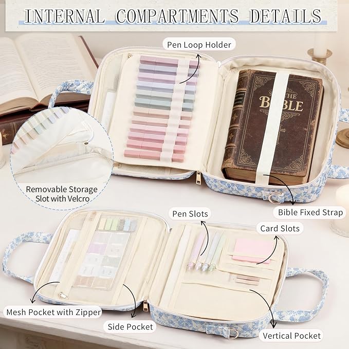 Bible Bag for Women, Large Bible Cover Case with Study Supplies,Girls Carrying Case with Highlighters, Pens, Bible Tabs, Sticky Notes, Christian Gifts for Girls, Mom, Easter Mothers Day Religious Gift