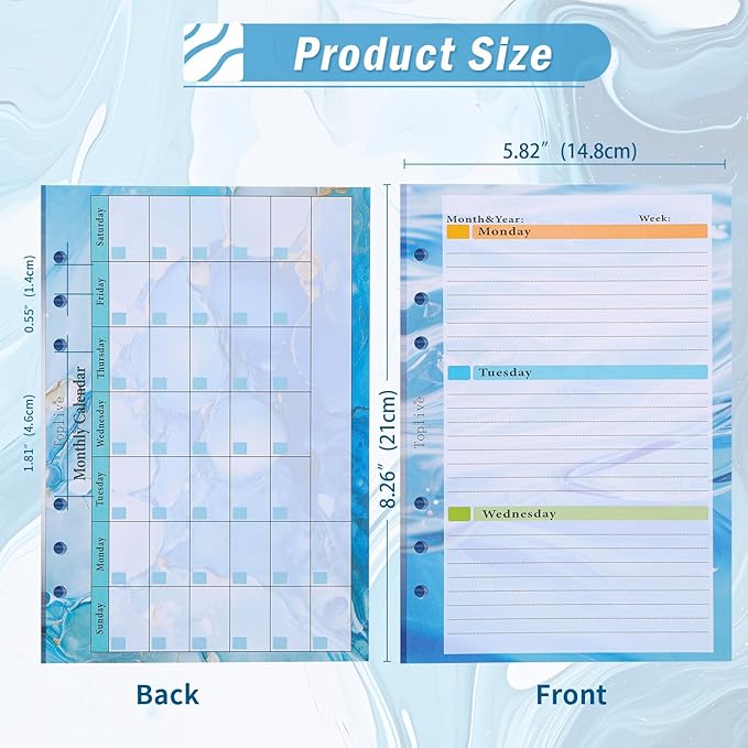 Toplive 7 Pack A5 Planner Inserts Monthly Weekly Planner Refills Paper 6 Ring Expense Budget Sheets with Cash Envelopes Divider Ruler Stickers, for A5 Planner Binder Cover, Blue Ocean Marble