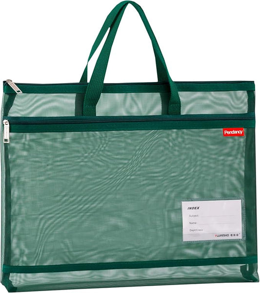 Pendancy Mesh Zipper Pouch A3 Size, Large Double Pocket Lightweight Nylon Transparent File Bag with Handle, 13x17 in Foldable Document Storage for Puzzle Project/Cross Stitch/Travel/Office (Green)