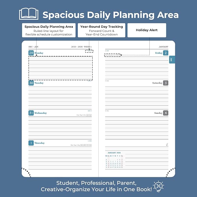Planner 2026 Daily Weekly and Monthly,6.5"x3.75",12 Months Spiral Bound Calendar Agenda with Self-adhesive Pen Holder,2026 Appointment Book with Vegan Leather Soft Cover,Blue