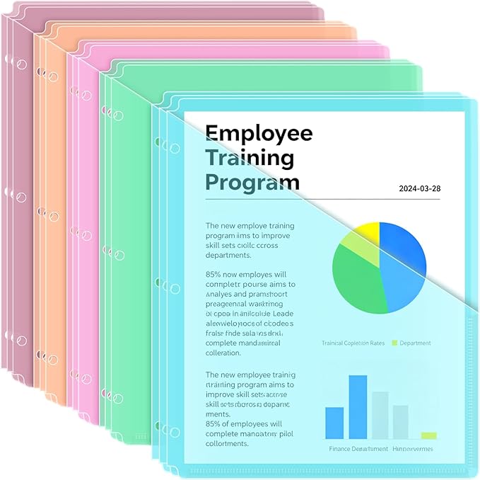 15 Pack 3 Hole Punch Colored Plastic Document Folders, Poly Translucent Slash File Jackets, US Letter/A4 Size 20C (2mm) Clear Pocket File Folders, Copy Safe Plastic Document Sleeves