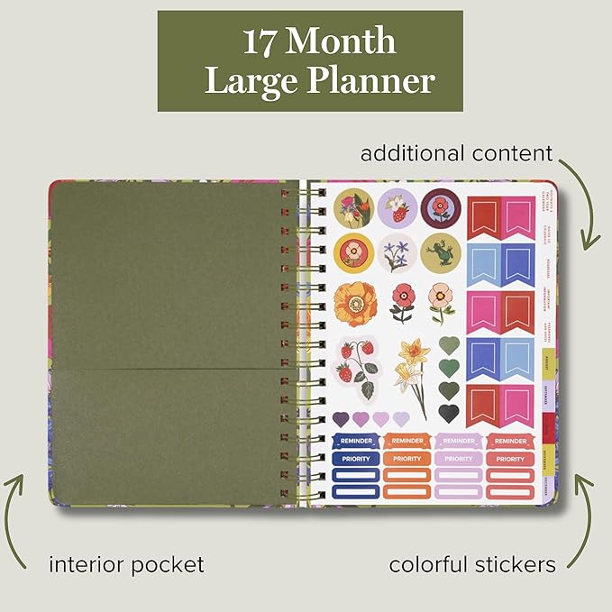 Vera Bradley 2025-2026 Large Planner Daily Weekly & Monthly, 17 Month Hardcover Agenda Dated Aug 2025-Dec 2026, Cute Planner with Stickers, Pockets, & Spiral Binding, Meadow Bouquet