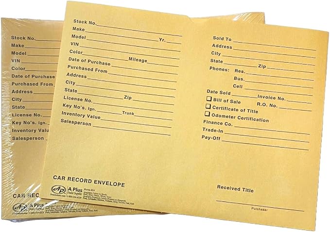 A Plus Car Record Envelope #19 Vehicle Dealer Jackets, 100 Quantity, Buff (W3)